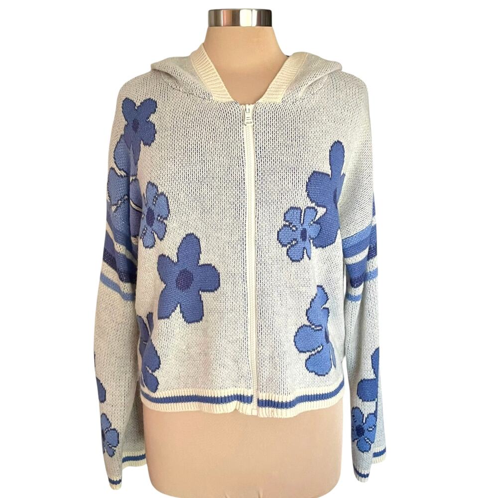 VTG Witty Fox Y2K Crop Floral Sweater Womens XL Hoodie Full Zip Varsity Stripe